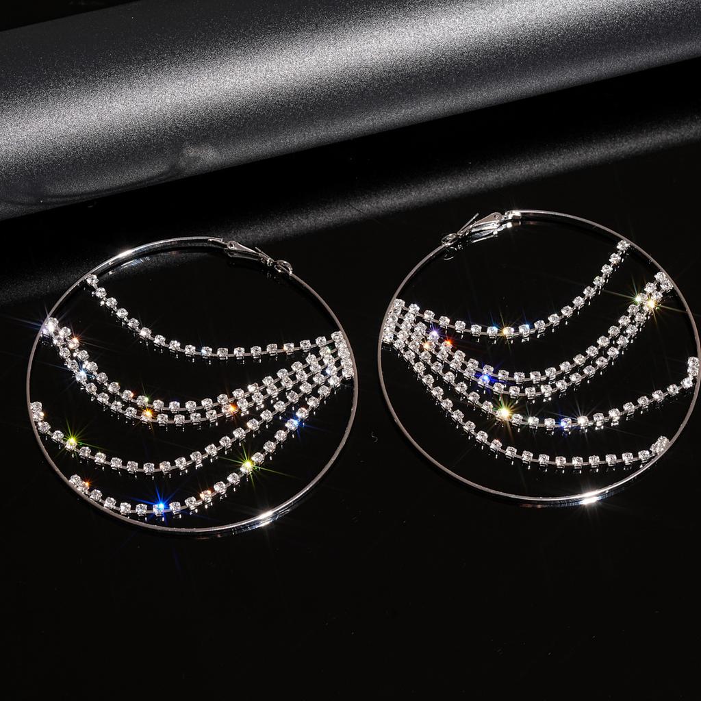 Diamond fringed circle silver needle earrings personalized fashion light luxury temperament earrings