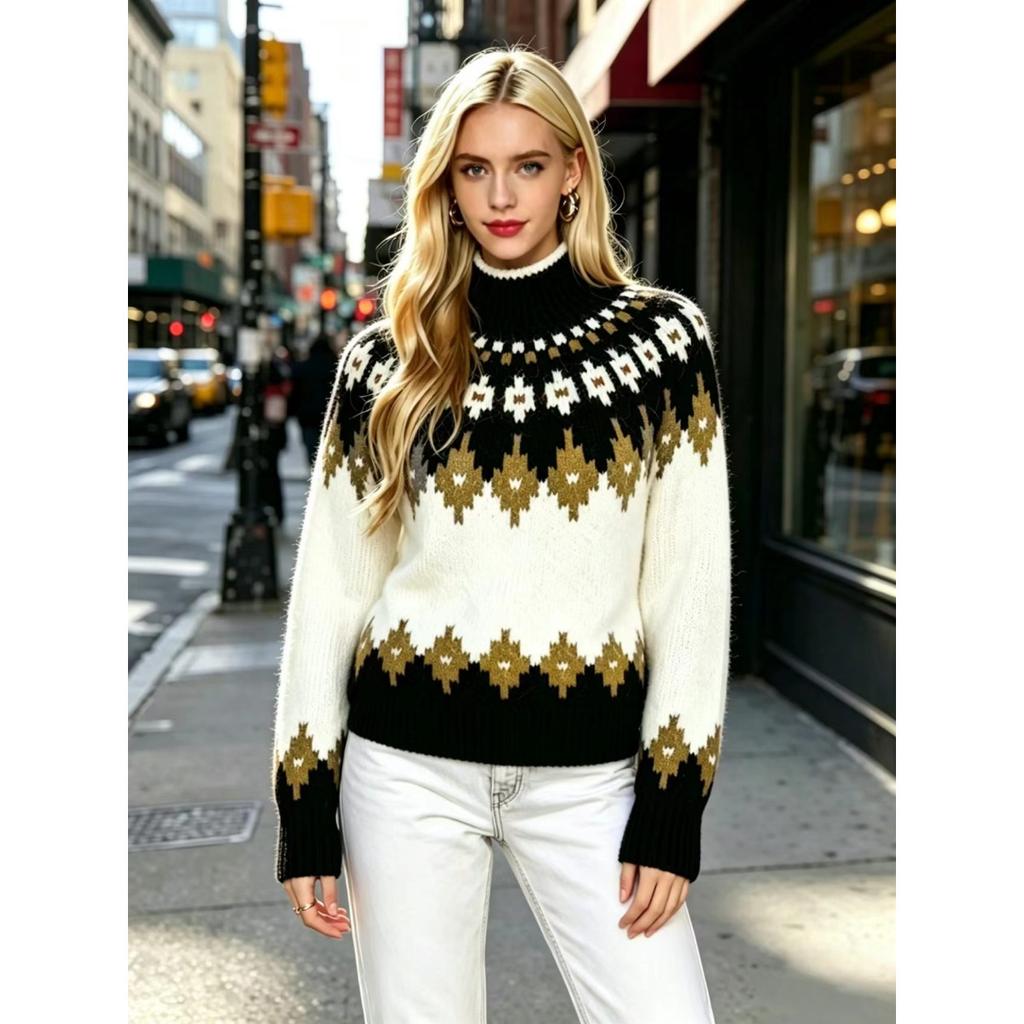 Fall Winter Women's Fair Isle Pattern Half Turtleneck Sweater, Loose Soft Rhombus Jacquard Knit Lazy Top