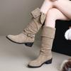 Knee High Boots Women's Fashion Round Toe Studded Metal Buckle Non-Slip Wear-Resistant Block Heel Suede Single Boots