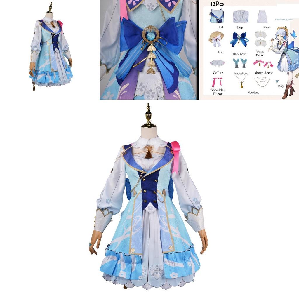 Genshin Impact Kamisato Ayaka Cosplay Kostüm Peruk Çiçekli Elbise Şapka Cadılar Bayramı