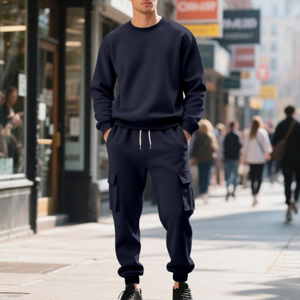 Men's Fleece Round-neck Sweatshirt Set, Loose And Casual Long-sleeved Sweatshirt And Work Pants Two-piece Set