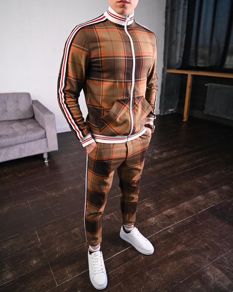 Autumn Men's Casual Plaid Sport Suit: Zip-Up Jacket & Long Pants Two-Piece Set
