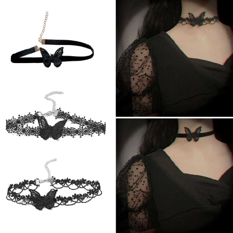 3 Pcs Lace Choker Necklace Butterfly Neck Chain Sweet Cool Collar Necklace