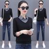 Khmer Farbblock-Revers Zweiteiliger Look Damen Langarm Herbst/Winter Pullover-Shirt