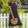 Women Polka Dot Print Midi Dress Crewneck Short Sleeve A-line Dress with Belt Summer