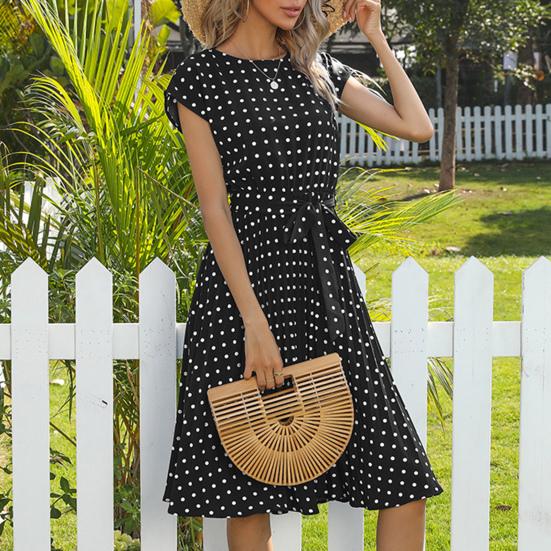 Women Polka Dot Print Midi Dress Crewneck Short Sleeve A-line Dress with Belt Summer