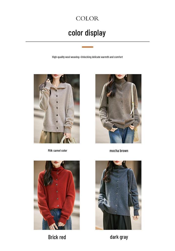 Women's 100% Wool French Stand Collar Single-Breasted Cardigan - Autumn/Winter Solid Color Knit Sweater with Rolled Hem