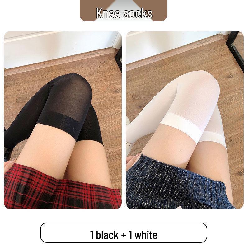 Women's White & Black Japanese Thigh High Silk Stockings - Spring/Summer Velvet Over-the-Knee Socks