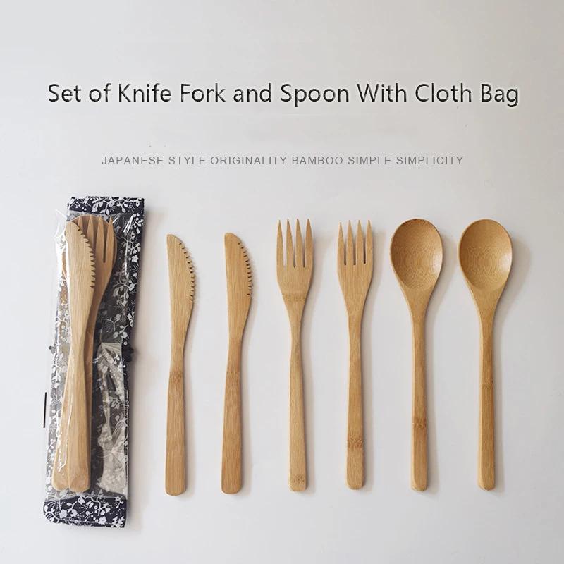 3Pcs/set Wooden Dinnerware Set Bamboo Fork Knife Soup Teaspoon Catering Cutlery Set With Cloth Bag Kitchen Cooking Tools Utensil