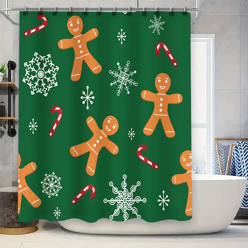 

Modern Christmas Shower Curtain With Gingerbread Man Print For Bathroom Decor Green 3D Fabric Waterproof Bath Mat (Green) W60H190(CM)-1 Pcs