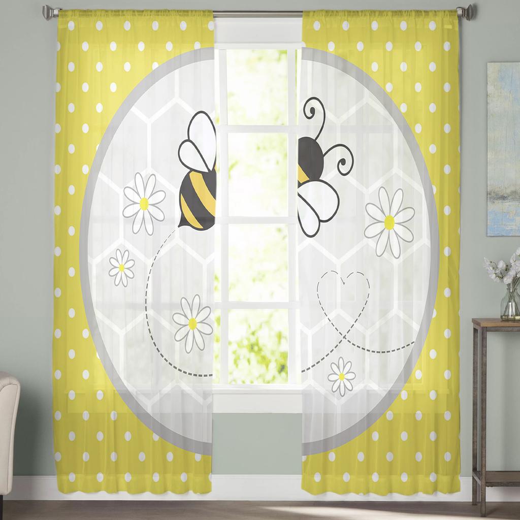 Yellow Polka Dot Background Bee Daisy Hive Sheer Curtains for Living Room Modern Bedroom Voile Tulle Curtain Window Drapes