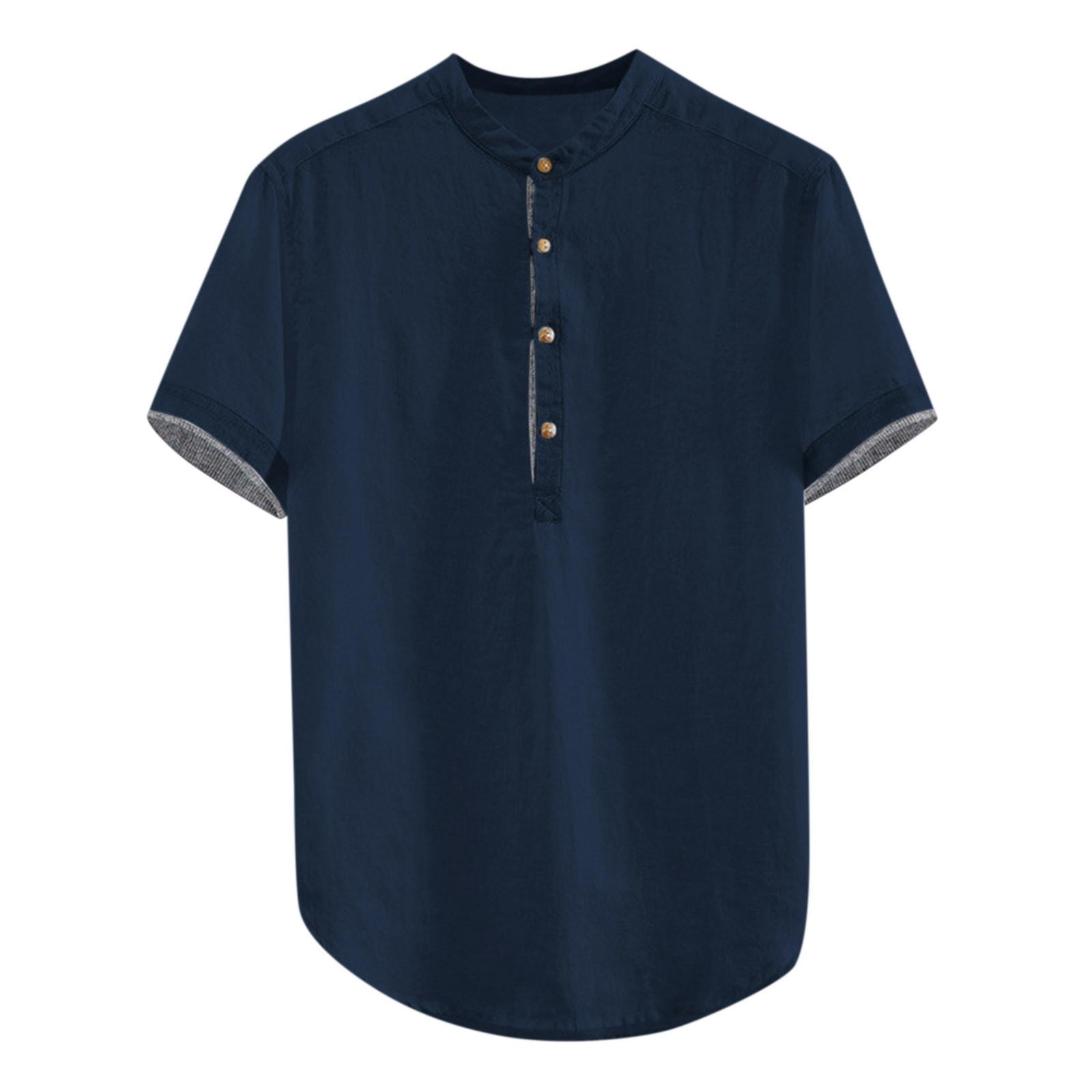 

Дизайнерские весенне-летние мужские повседневные рубашки из хлопка и льна, однотонные рубашки с короткими рукавами, свободные рубашки с круглым вырезом M тёмно-синий