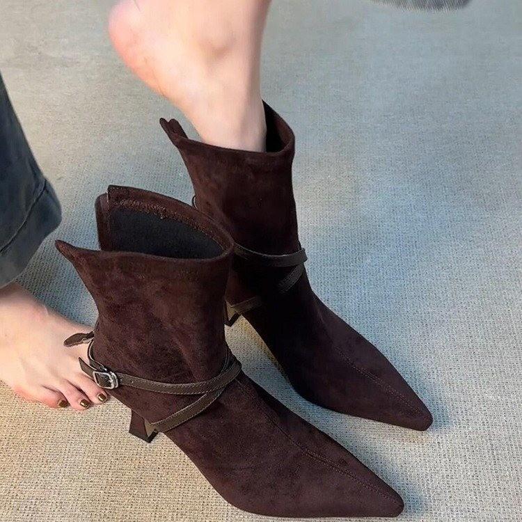 Autumn new pointed thin heel elastic thin boots women's high heel suede short boots belt buckle short Martin boots