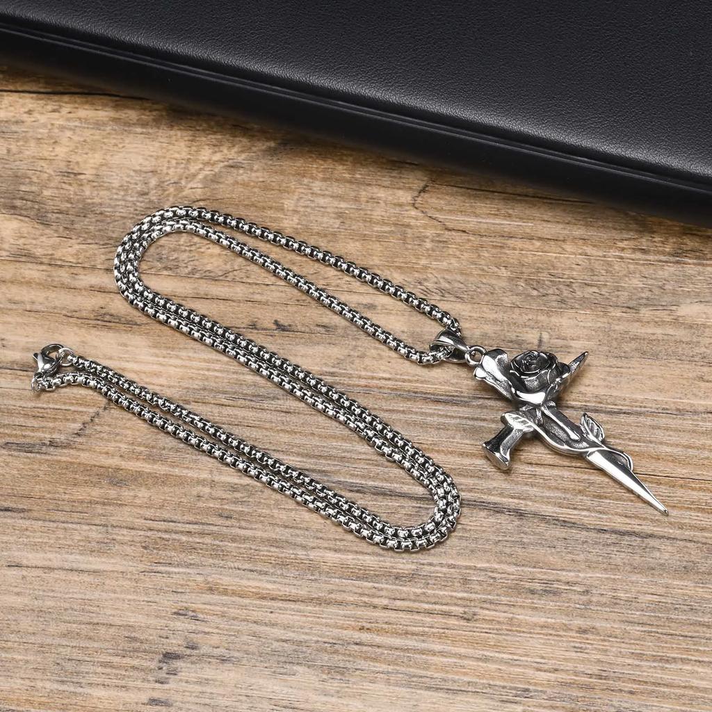New Gothic Punk Rose Flower Necklaces for Men Hip-hop Silver Color Retro Cross Pendant Collar Jewelry Decoration Gifts Wholesale