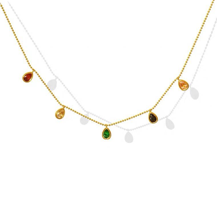 European & American Style Colorful Zircon Water Drop Pendant Necklace, Women's Clavicle Chain, 18K Gold Plated Titanium Steel