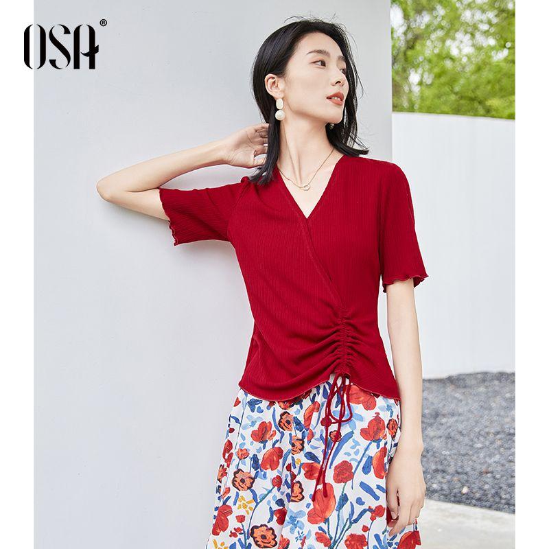 

OSA OSHA Летняя футболка с коротким рукавом для похудения талии Deep red M