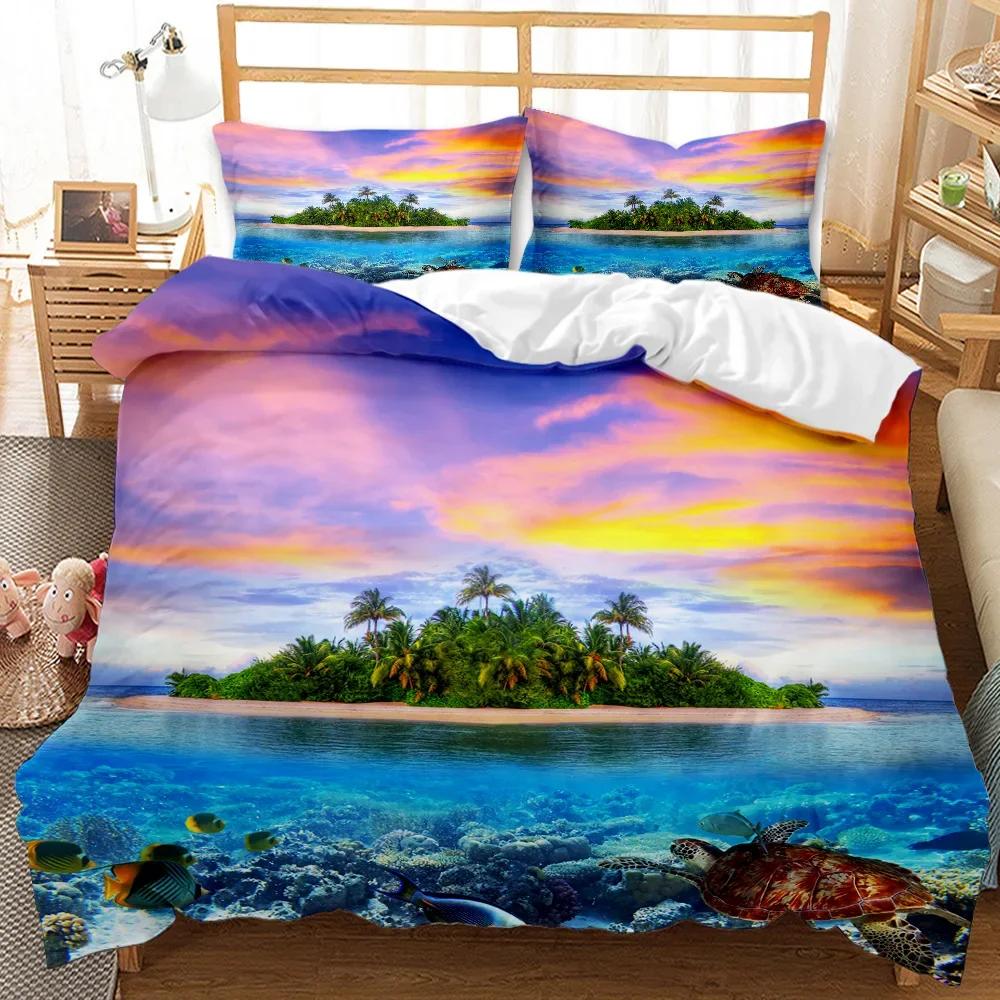 Beach Themed Blue Ocean Comfortable Duvet Quilt Cover Pillowcase Bedding Set Children Bedroom Decoration Home Textile