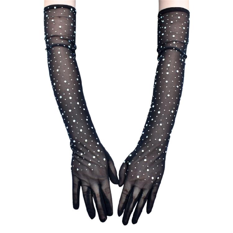 Long Mesh Gloves with Sparkling Rhinestones Drilling for Women Elegant Cocktail Party and Night Event Dressingup