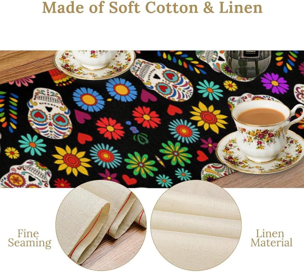 Mexican Day of The Dead Skull Floral Linen Table Runner Tabletop Decor Reusable Kitchen Dining Table Runner Holiday Party Decor