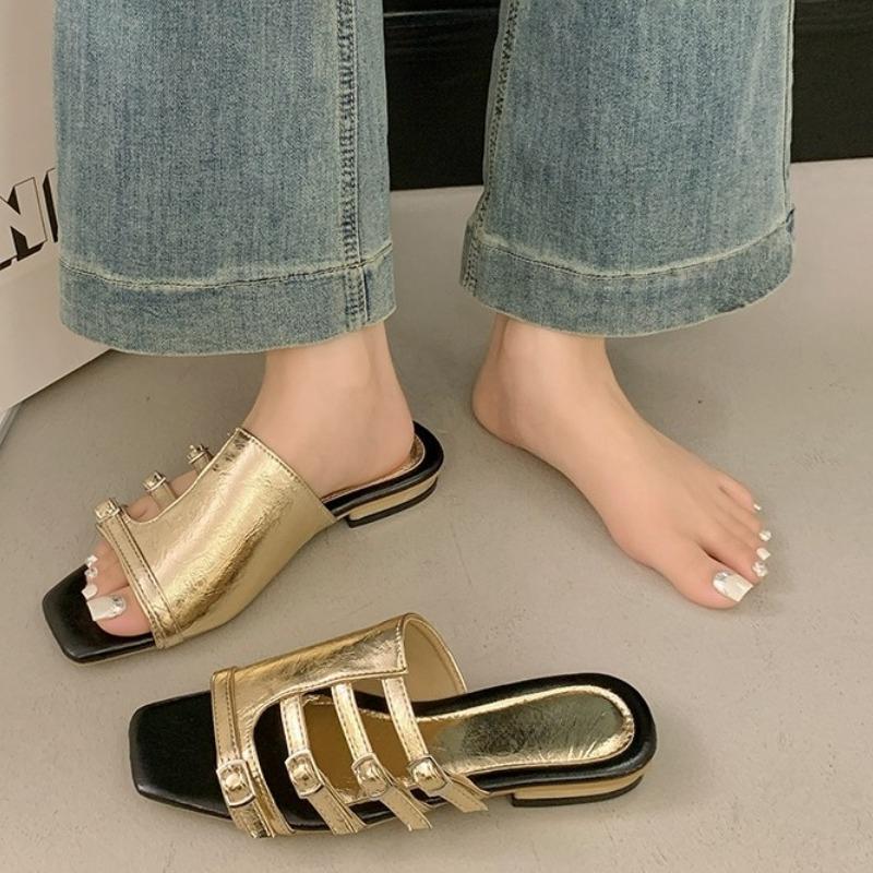 Fashion 2025 New Vintage Square Toe Flat Fashion Slippers Women's Summer New Open Toe Belt Buckle One Strap Soft Sole Sandals