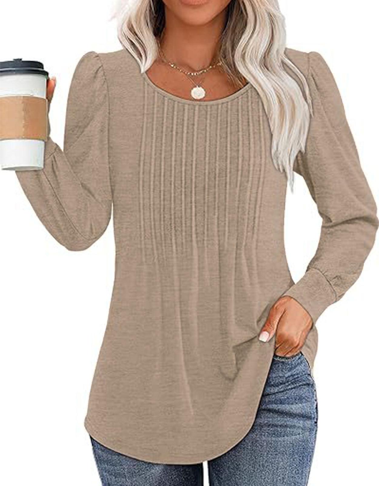 

2024 Осень Женская Мода Плиссированный Топ с Длинным Рукавом и Низким Круглым Вырезом XXL