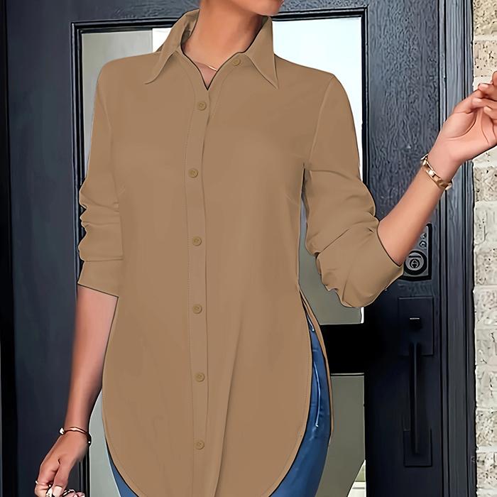 Ladies Casual Long Sleeve Lapel Solid Color Side Slit Irregular Blouse Long Shirt Top