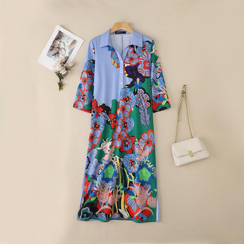 ZANZEA Women Turn Down Collar Loose Casual 3/4 Sleeve Print Long Dress