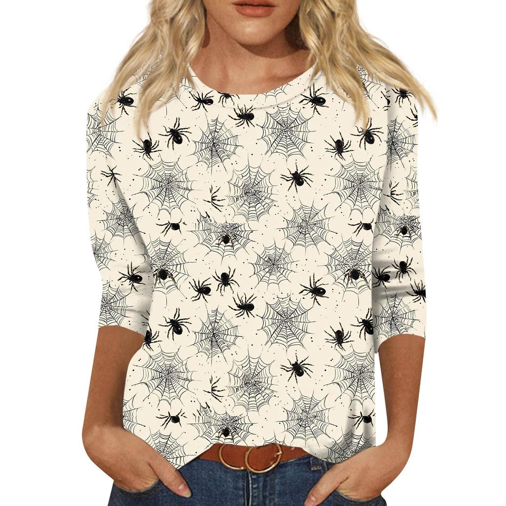 Women's Fashionable Casual Three-Quarter Sleeve Halloween Print Round Neck Top