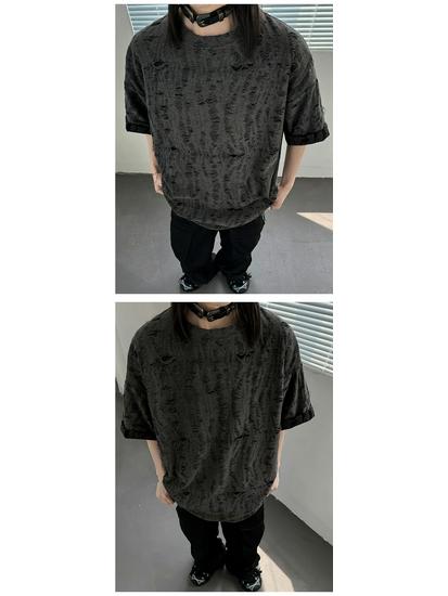 Wasteland-Style Niche Hollow-Out Ripped Men's Heavyweight T-Shirt with Small Neckline
