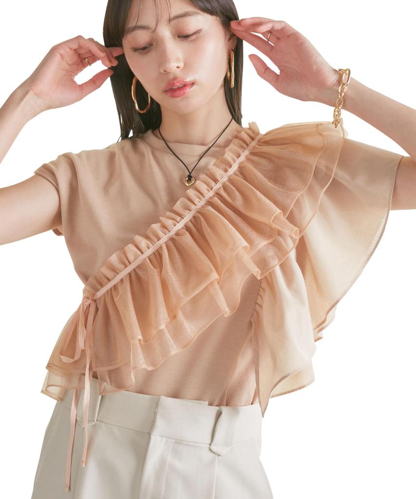 Beige Frilled Docking Pullover with Sash [BIS] Women's T-Shirt (Set) (27)