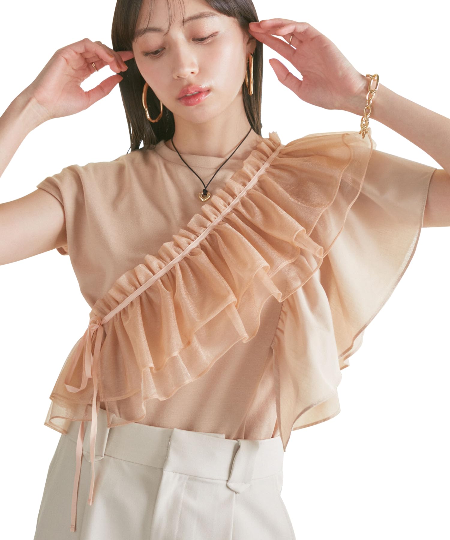 

Beige Frilled Docking Pullover with Sash [BIS] Women s T-Shirt (Set) (27)