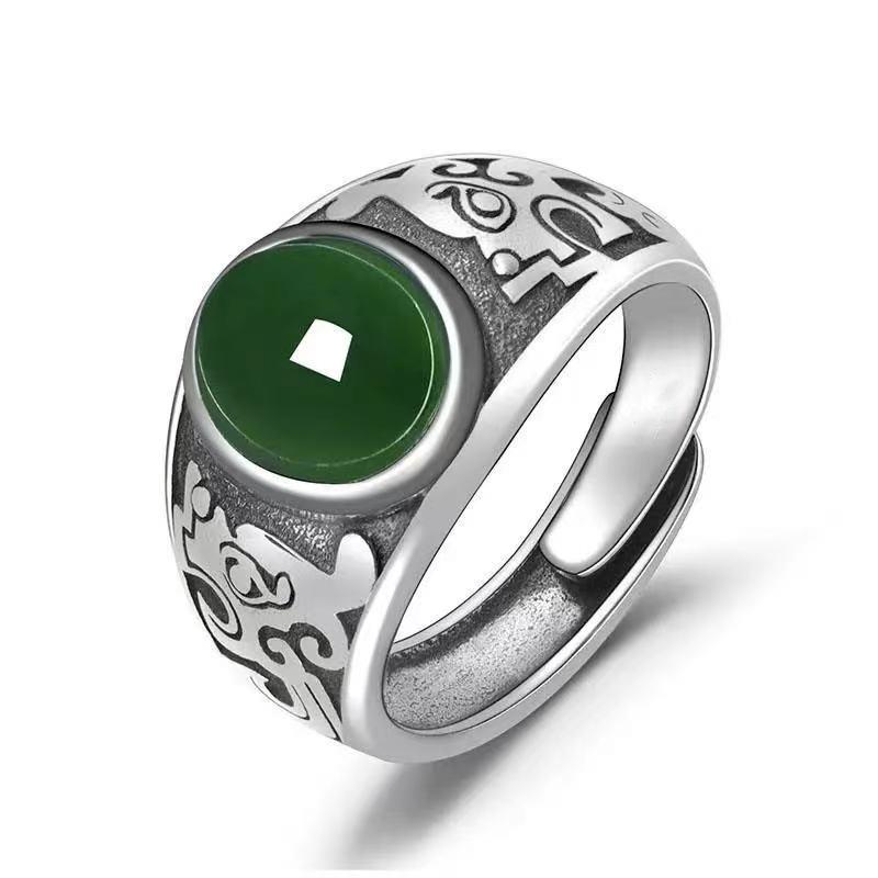 Ethnic Hollow Imitation Green Agate Men Adjustable Ring