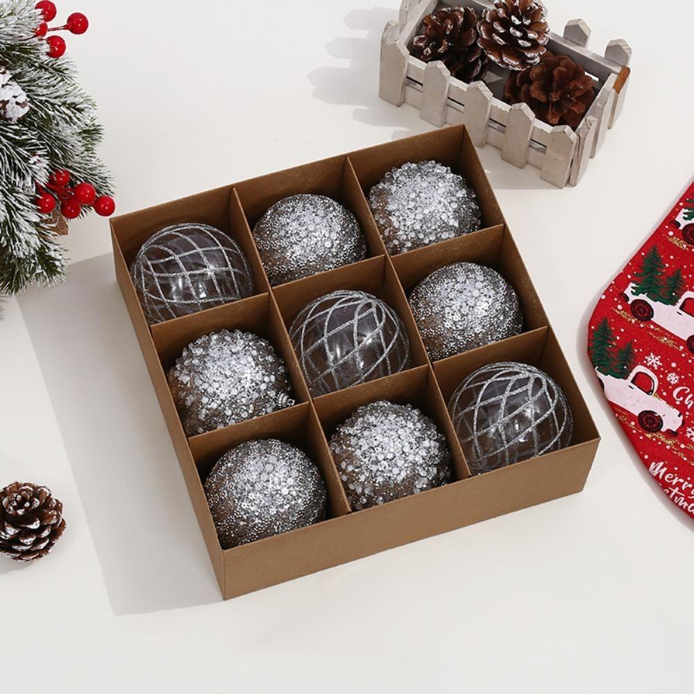 9Pcs/Box DIY Crafts Xmas Tree Ornament Party Supplies Plastic Painted Ball Christmas Balls Pendant Creative Lace