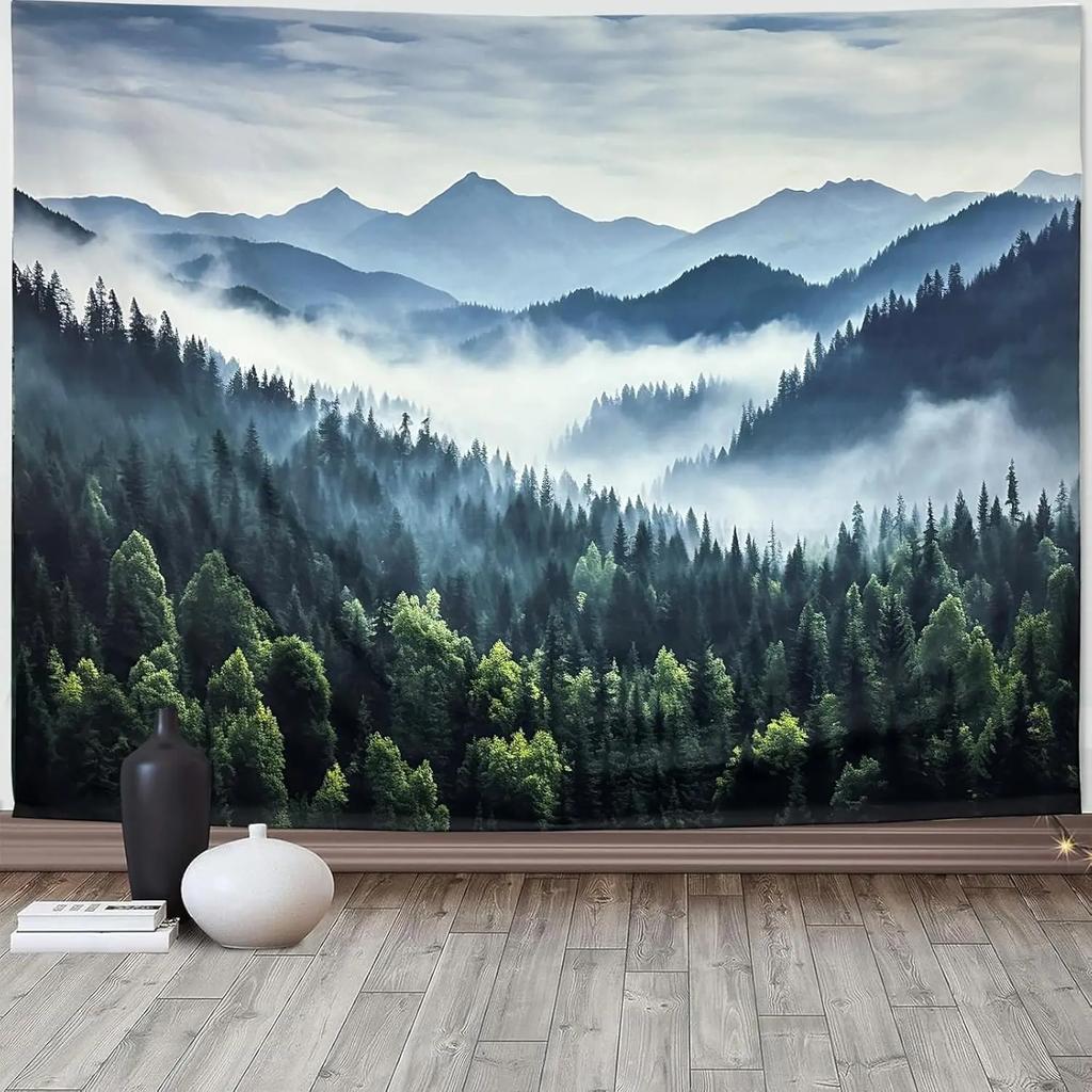 Nature Forest Mountain Tapestry Misty Pine Tree Tapestry Foggy Woodlands Landscape Tapestries Wall Hanging for Living Room Dorm