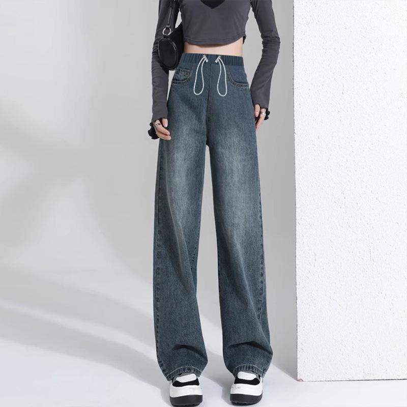 Maternity Wide-Leg Denim Pants with Drawstring and Pockets - Spring/Autumn Style, Loose Fit Large