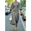 Women Dress Slim Waist Solid Color Dolman Sleeves Midi Dress Calf Length Evening Dress Round Neck Long Dress for Commuting Party Dating