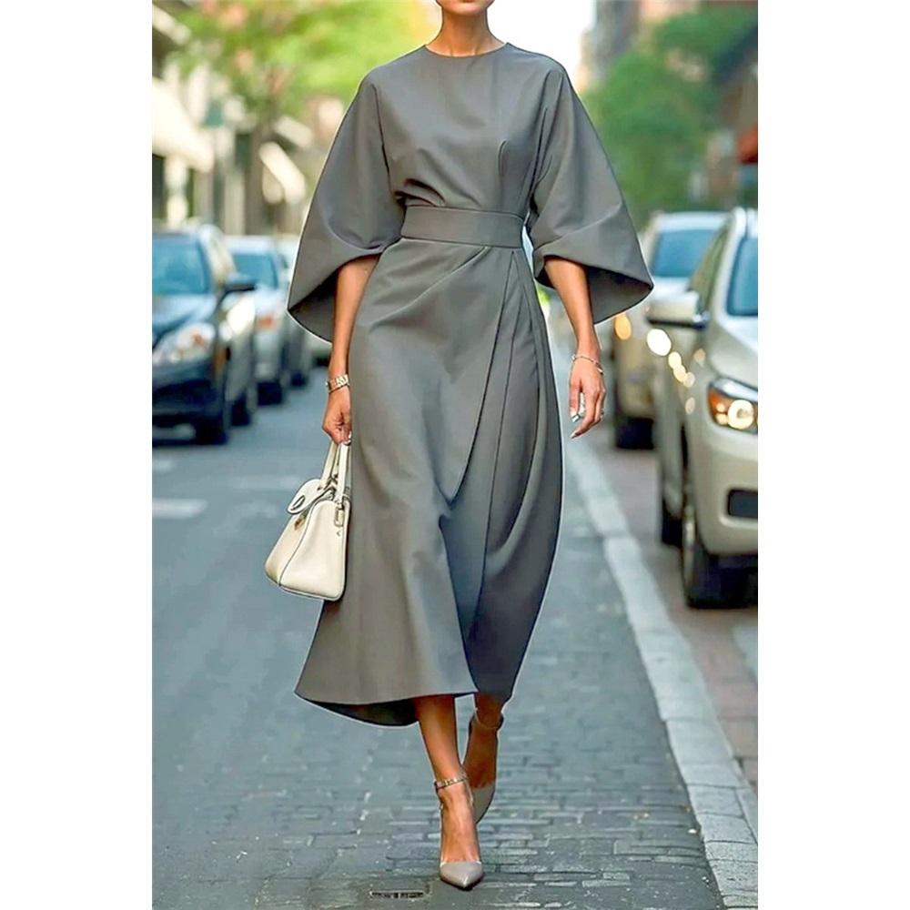 Women Dress Slim Waist Solid Color Dolman Sleeves Midi Dress Calf Length Evening Dress Round Neck Long Dress for Commuting Party Dating