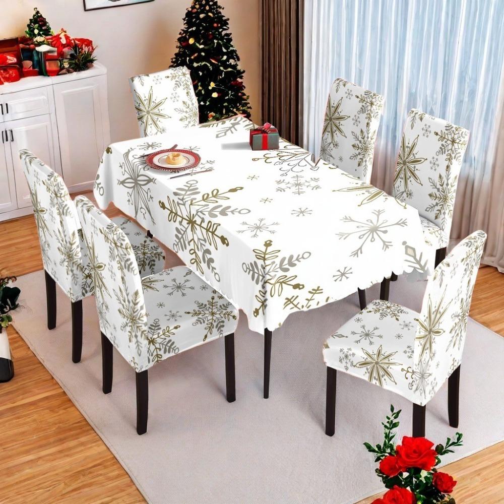 Christmas Waterproof Printed Tablecloth and Chair Covers Set Holiday Dining Decor
