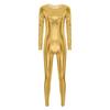 Womens Metallic Bodysuit Shiny Unitard Long Sleeve Round Neck Full Coverage Slim Fit Dance Performance Wear