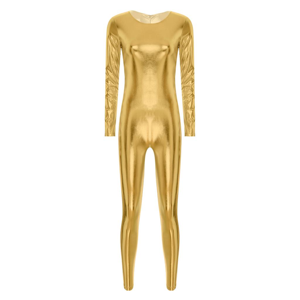 Womens Metallic Bodysuit Shiny Unitard Long Sleeve Round Neck Full Coverage Slim Fit Dance Performance Wear