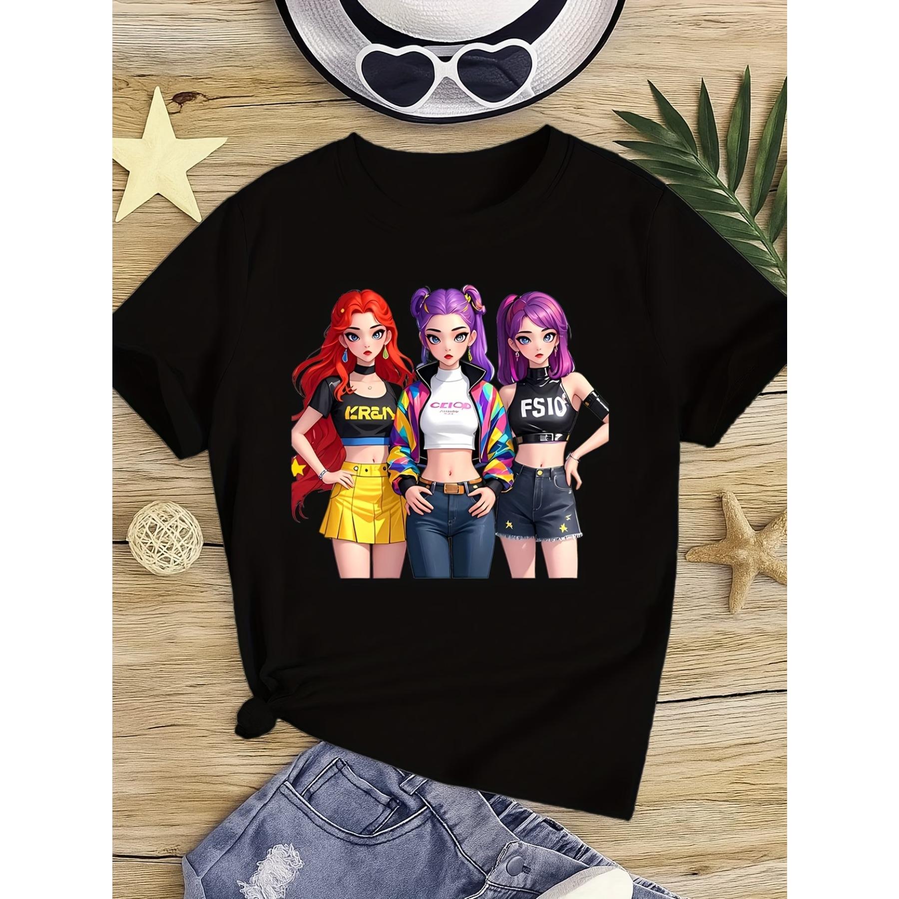 Cartoon Girls Graphic T-Shirt - Stylish Black Tee Featuring Three Chic Characters with Colorful Outfits S чёрный