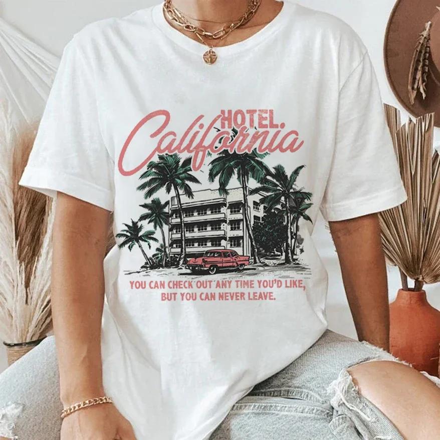 Printed Casual Fashion ONeck Womens Hotel California Retro Design Pattern TShirt Clothing Printed Short Sleeved Womens TShi
