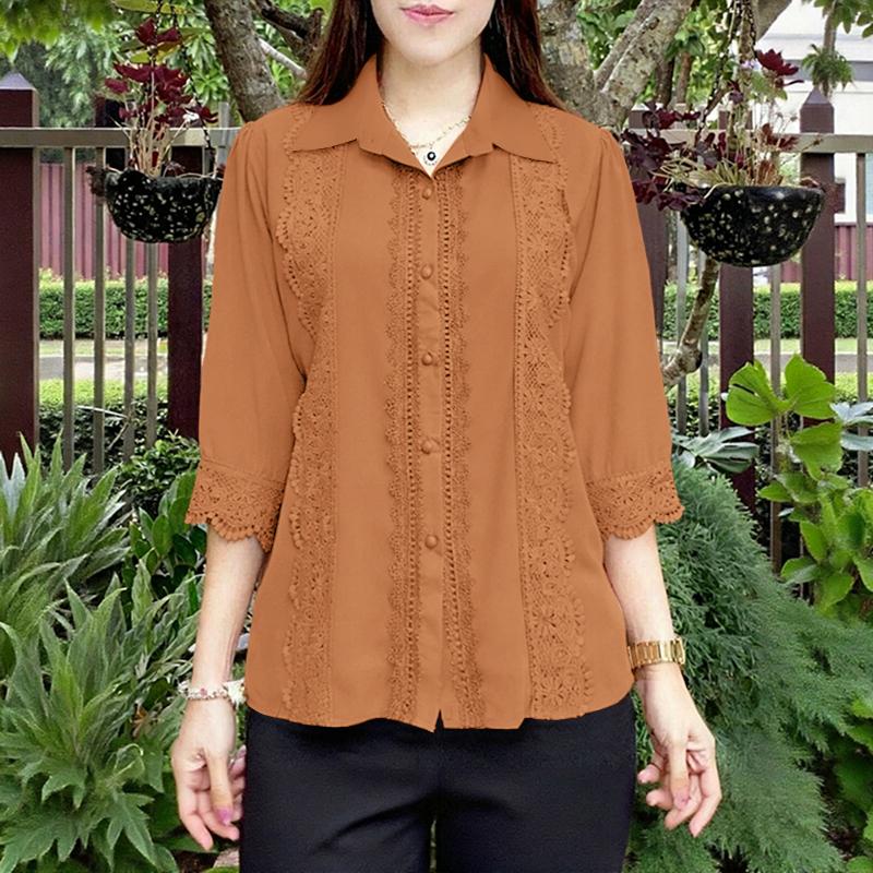 

ZANZEA Женская блузка с отложным воротником, рукавами 3/4 и кружевной вставкой 5XL оранжевый