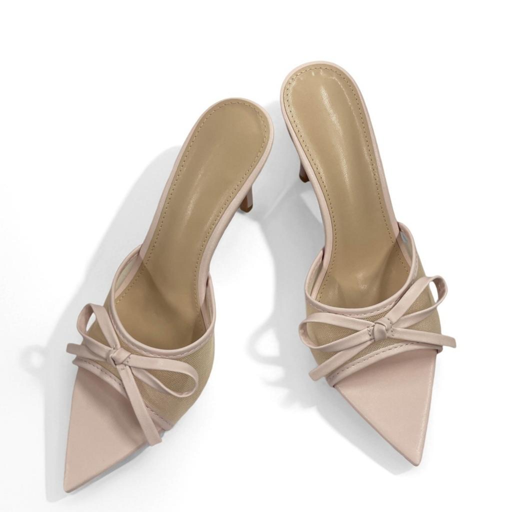 2025 summer breathable open-toed pointed half-drag women's shoes sweet bow sandals European and American temperament mesh high heels