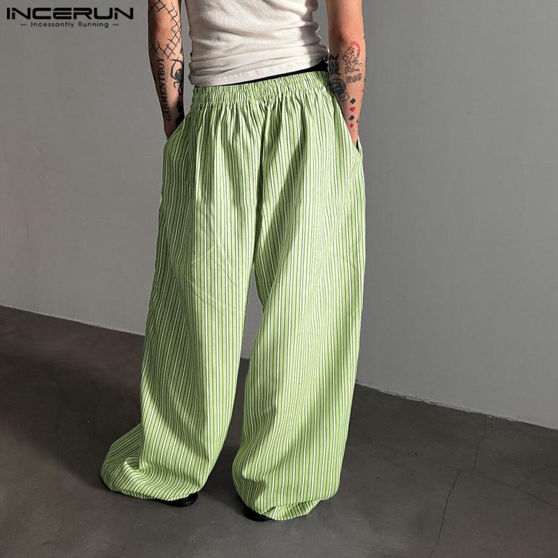 INCERUN Men Elastic Waist Pants Casual Home Wear Striped Print Long Trousers