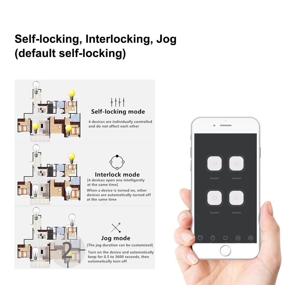 WiFi Wireless Smart Self-Lock Momentary Interlock Relay Switch,DIY WiFi App Bluetooth Remote Garage Door Opener Controller (4ch)