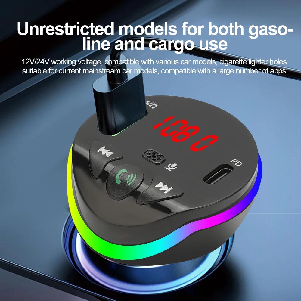 Bluetooth 5.0 Car FM Transmitter PD USB Car Charger Phone Fast Charger With Ambient Light Wireless Handsfree MP3 Plyer Car Kit