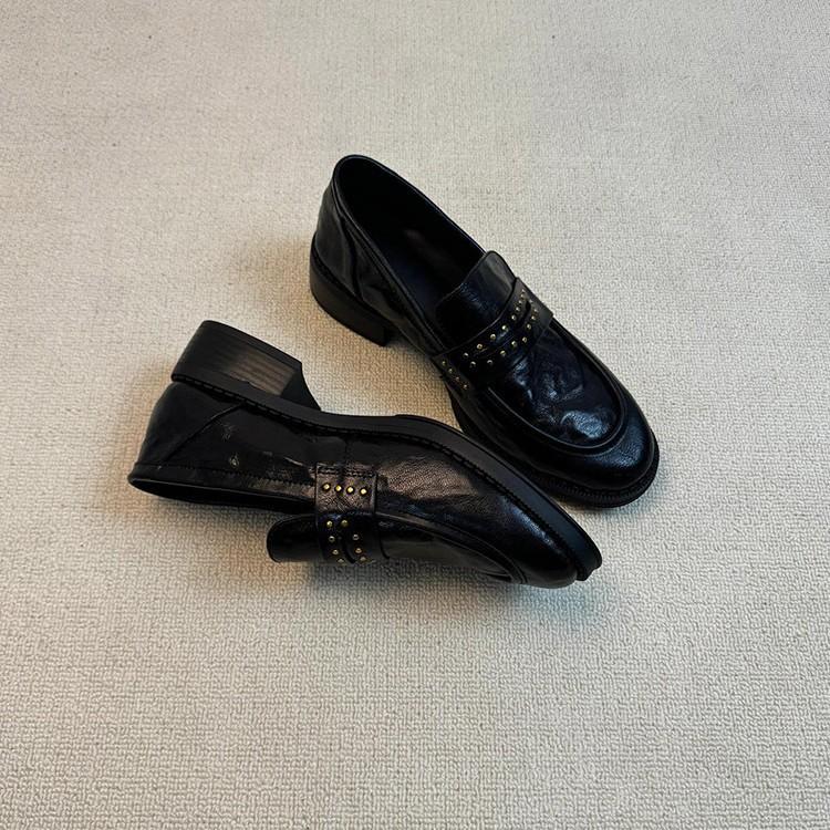 Soft Leather Version~ Versatile Commuting Retro Light Mouth Round Head Thick Heel Loafers Casual One-pedal Small Leather Shoes Women's Single Shoes