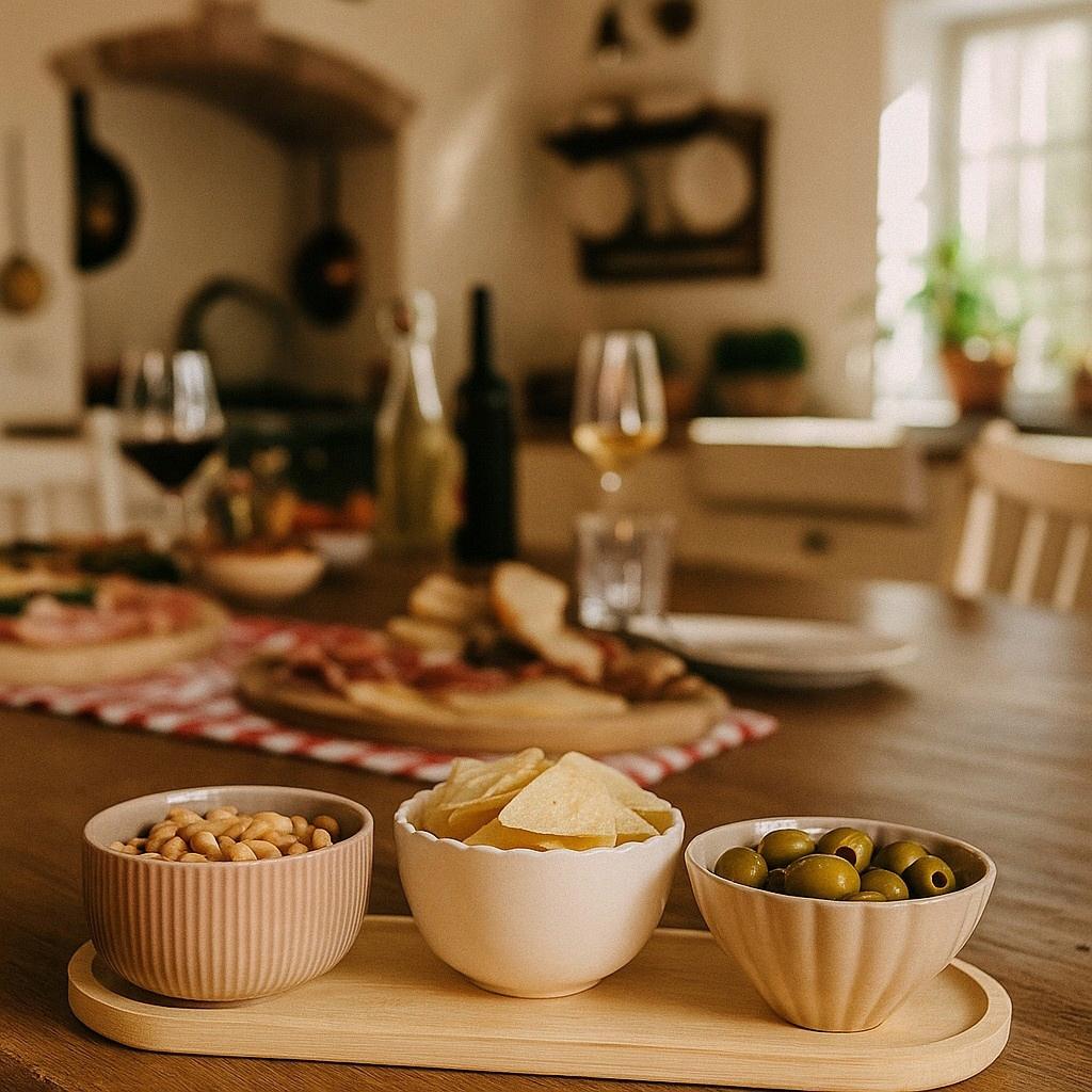 Zestaw 3 Miseczek Ceramicznych Na Drewnianej Desce Do Serwowania 28,5x9cm