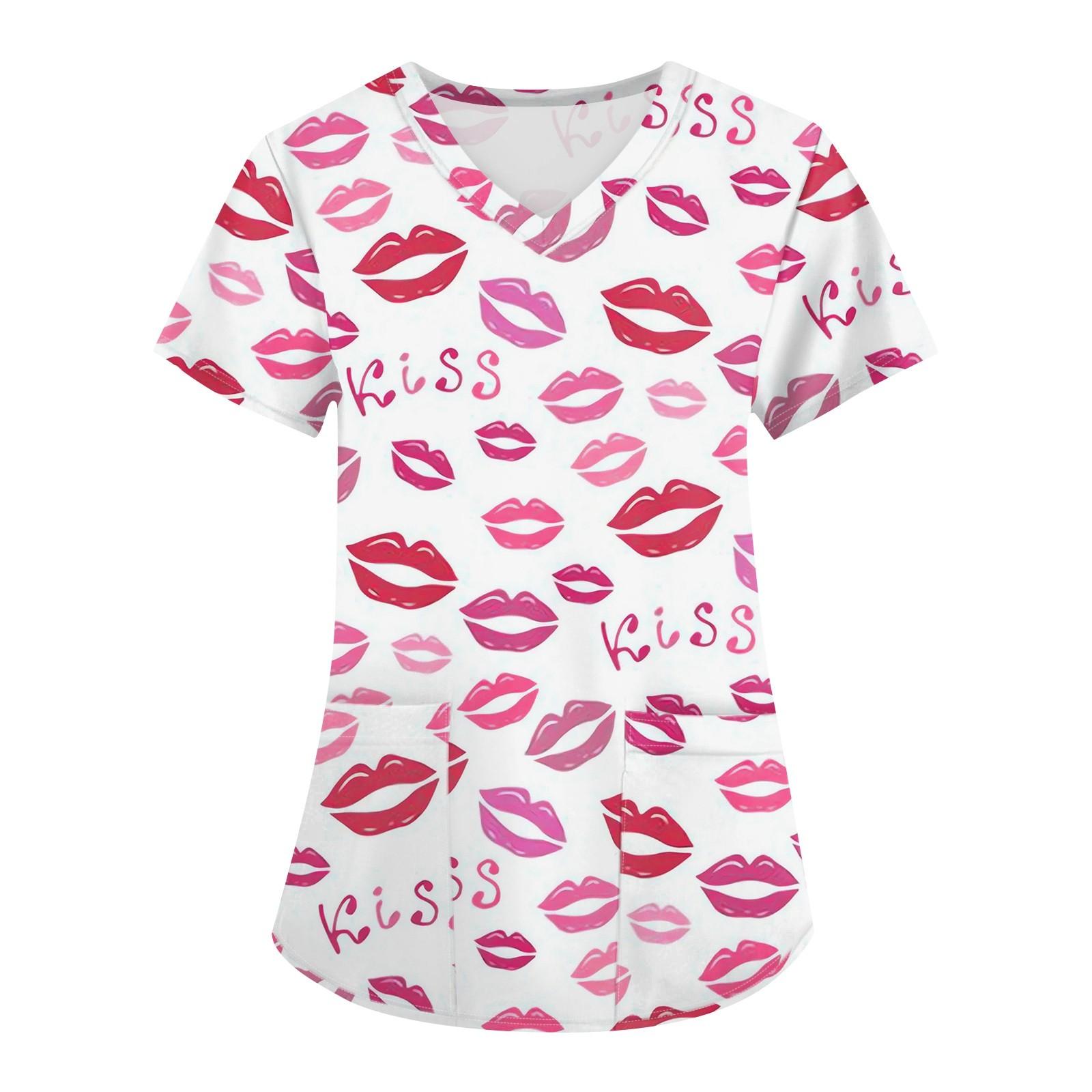 

Женская мода, рабочая одежда с v-образным вырезом, короткими рукавами и карманами, топы с принтом ко Дню святого Валентина XL киноварь